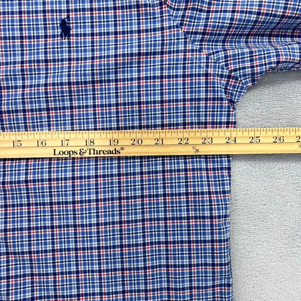 Ralph Lauren Slim Fit Shirt Mens XL Cotton Stretch Blue Red Check Plaid ‎ Pony